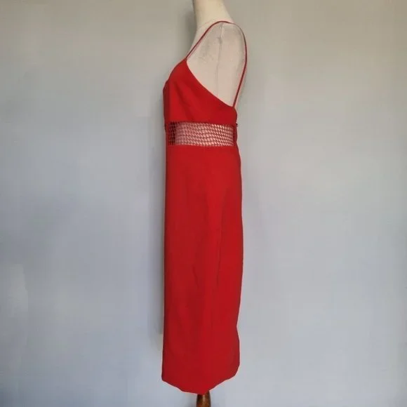 By Johnny Red V-Neck Mesh Panel Sheath Midi Dres Size 12 - Picture 3 of 8